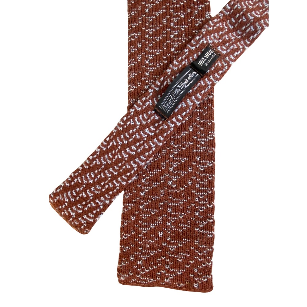 VTG Sears The Mens Store Wool Knit Tie Rust White Marled Chevron Square 54x3.5